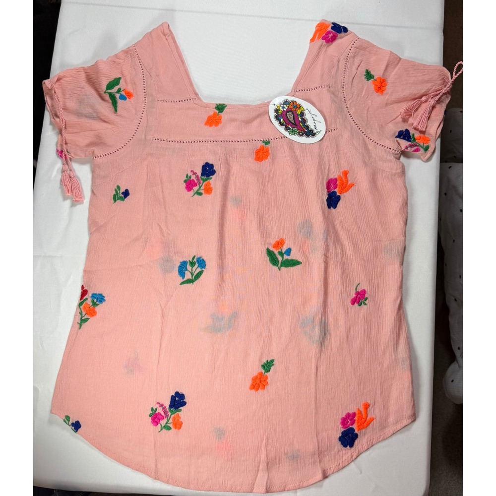 Magazine Pink Embroidered Floral Cotton Blouse Square Neck Tassel Sleeve Medium